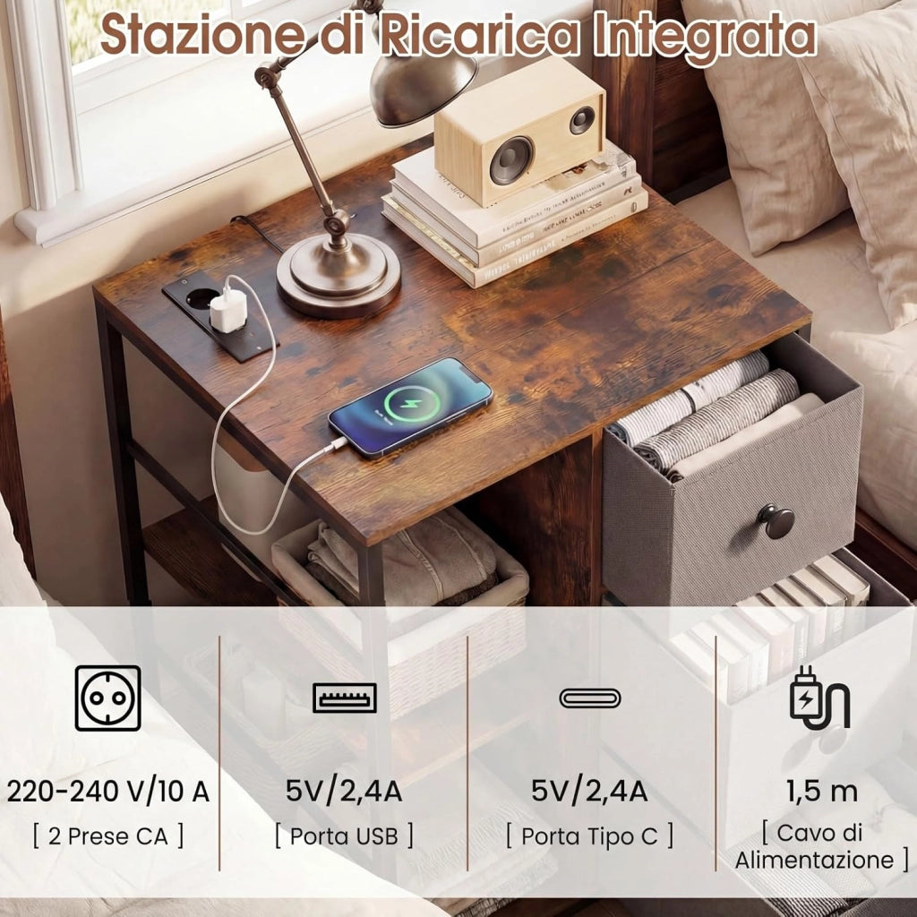 Armadio con Stazione di Ricarica, Organizer Industriale con 3 Ripiani, Cassetti in Tessuto e Tasche Laterali, per Camera da Letto e Soggiorno, 46x40x63 cm