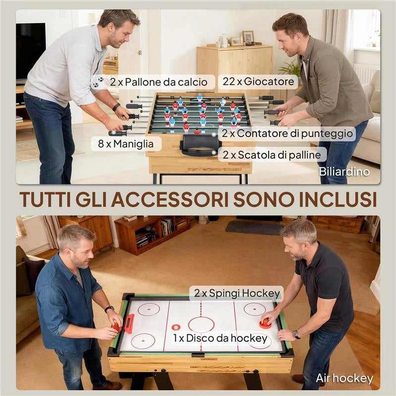 TAVOLO DA GIOCO 13 IN 1 PIEGHEVOLE CON CALCIOBALILLA, PING PONG, HOCKEY, BILIARDO, SCACCHI E ALTRI, NOCE