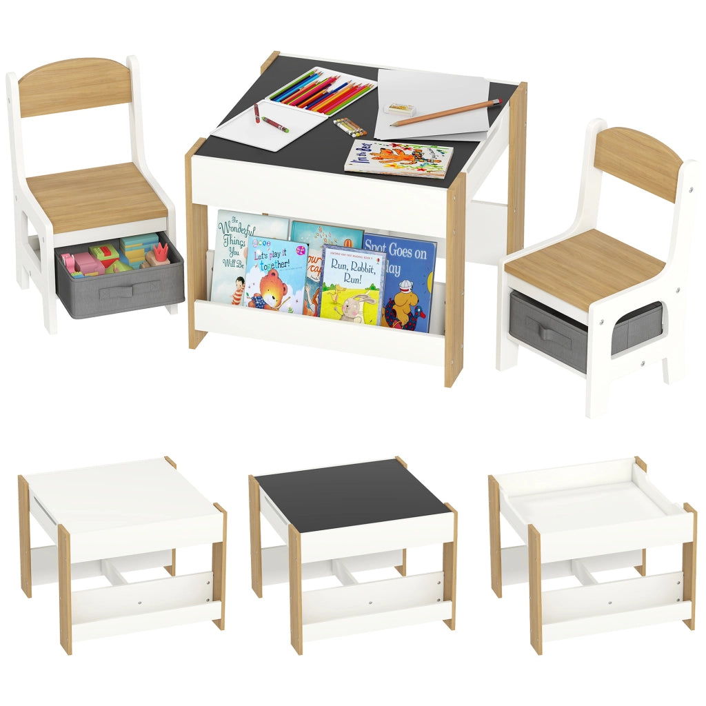 Set Tavolo e Sedie Bambini 3in1 ¨C Xylo ¨C Bianco Legno Naturale con Lavagna Cassetti