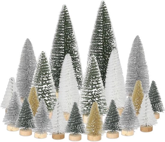 Decorazione di Natale Miniatura con 21 Pezzi, Mini Albero di Pino Artificiale, 4.5/10/15 cm, Bianco Argento Oro Verde