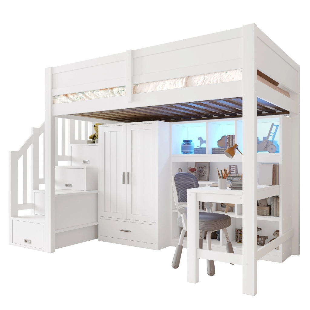 Letto a castello bianco con scrivania regolabile funzione LED e stoccaggi 90x200cm