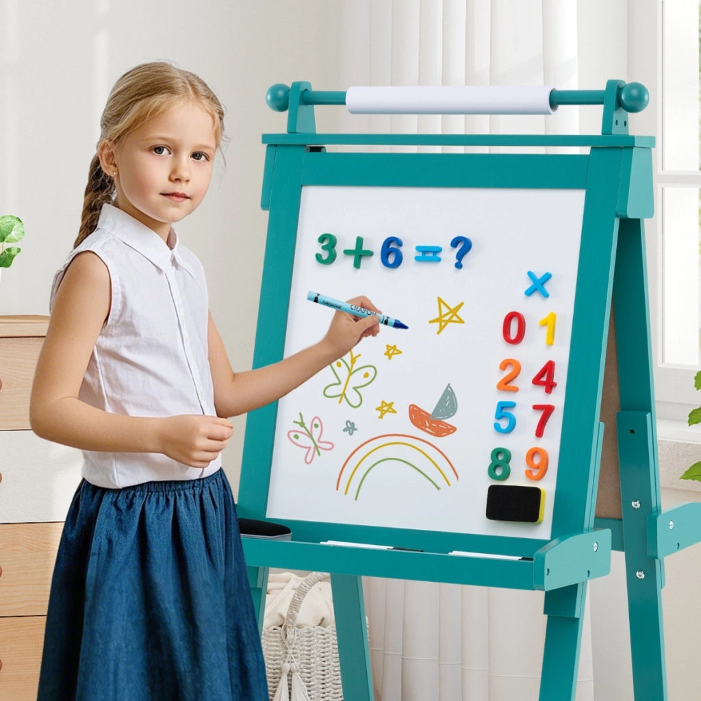 Cavalletto per bambini 3 in 1 cavalletto artistico con lavagna bifacciale-Rotolo di carta vassoi portaoggetti e 3 bicchieri per pittura Verde