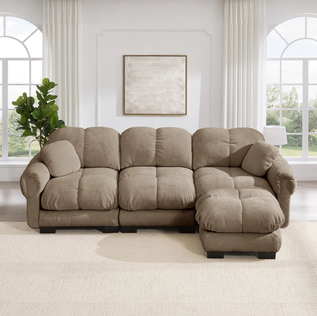 Divano angolare 3 posti 260x149 cm con pouf mobile in ciniglia; marrone