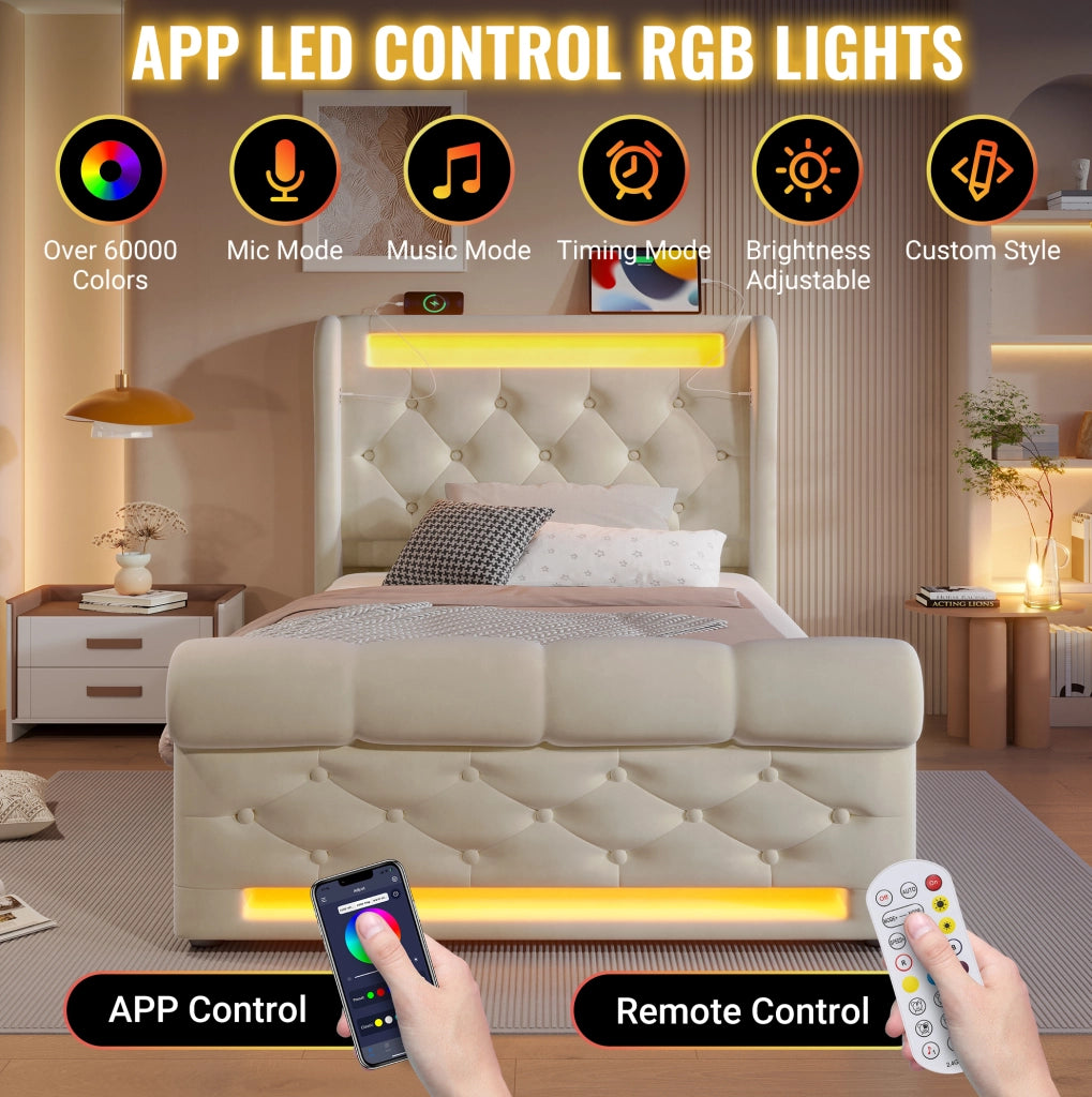 Letto imbottito con LED, ricarica USB-C e contenitore idraulico 90x200 cm