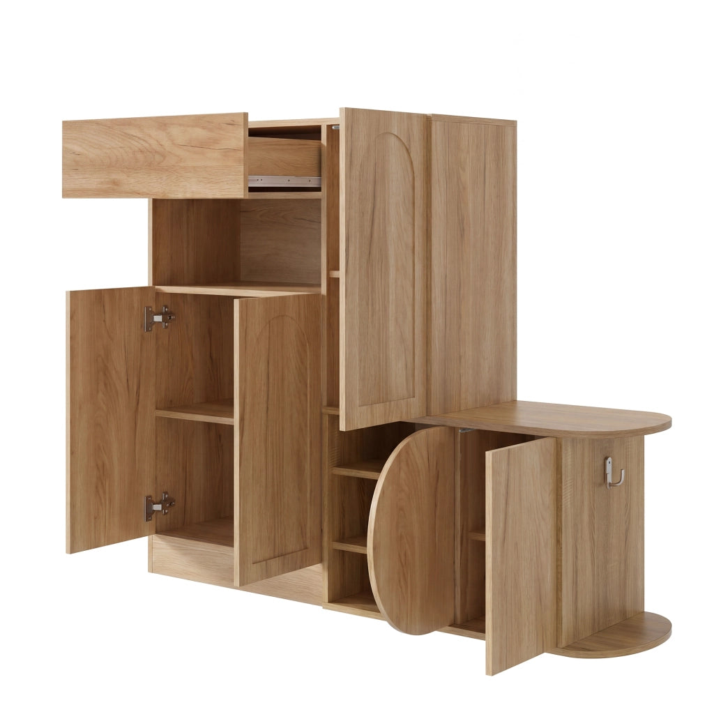 Mobile scarpiera con panca, 1 cassetto, 5 ante e vano aperto per ingresso, in MDF, naturale, 130 × 35 × 110,5 cm