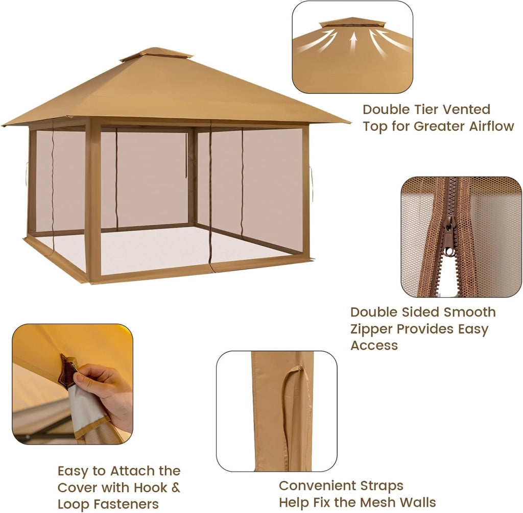 Gazebo da Giardino, 4 x 4 m, Regolabile in Altezza, con Doppio Tetto e Pannelli Laterali, Gazebo Pieghevole, per Giardino, Terrazza, Spiaggia con Corsa per il Trasporto con Ruote, Grigio