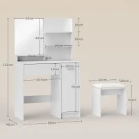 Toeletta Trucco con Specchio e Sgabello, Cassetto, Armadietto e Ripiani in Legno, Bianco
