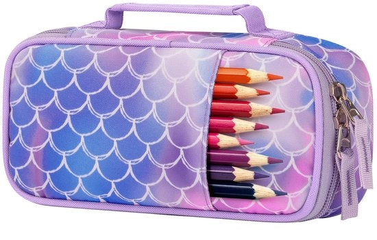 Etui per ragazze - Grande borsa per la scuola con compartmenti per bambini e scuola (9,05 x 4,53 x 1,97 cm), sirena viola.