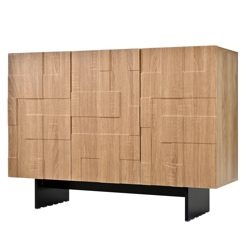Credenza con 3 ante e ripiani regolabili, frontale geometrico, in bambù e MDF, naturale e nero, 105 × 33,5 × 76 cm