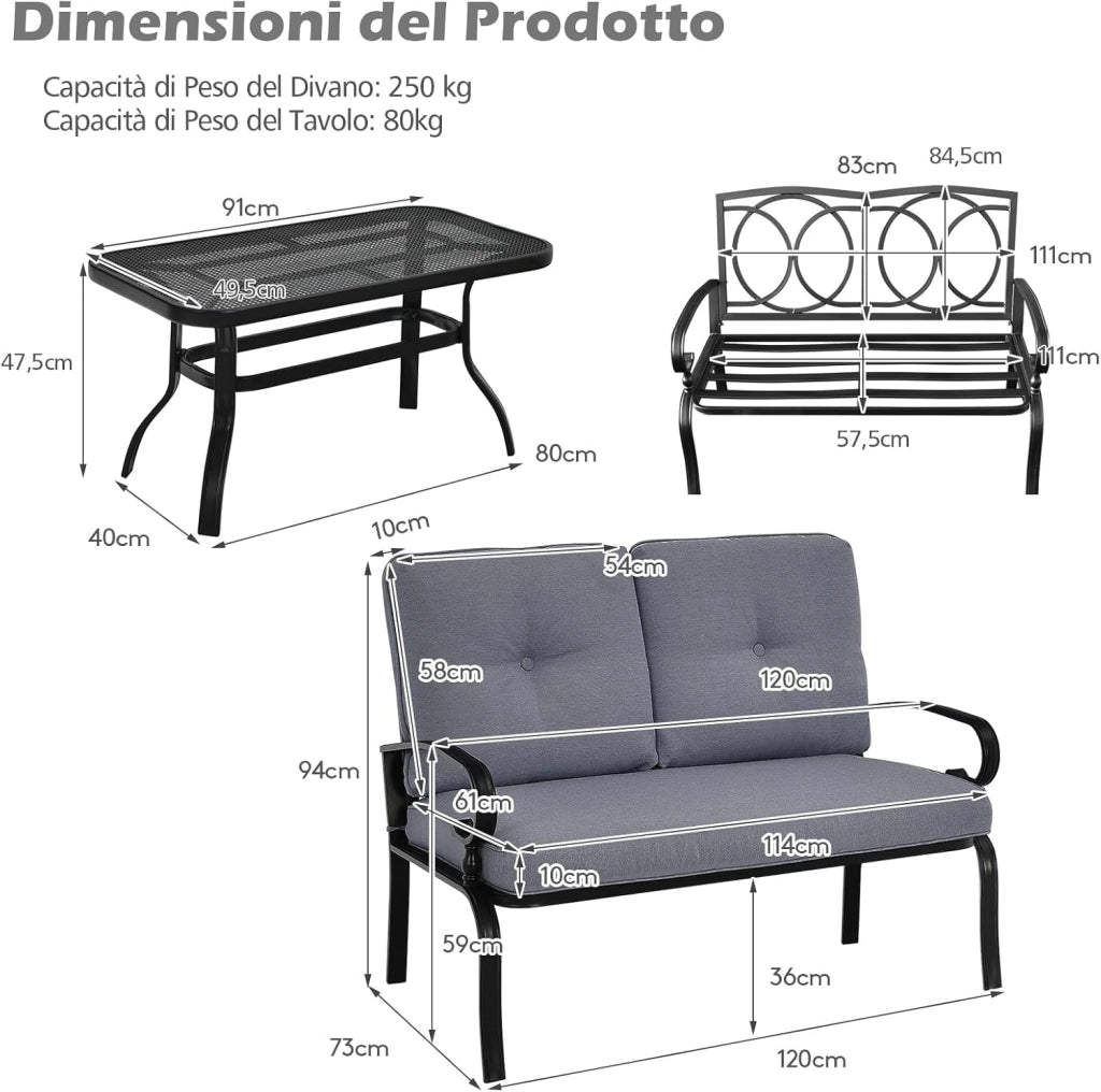 Set Giardino Esterno 2 Pezzi, Panchina da Giardino con Tavolino e Cuscini Imbottiti, Panchina 2 Posti e Tavolino da Esterno Giardino Terrazza Balcone, Facile da Montare