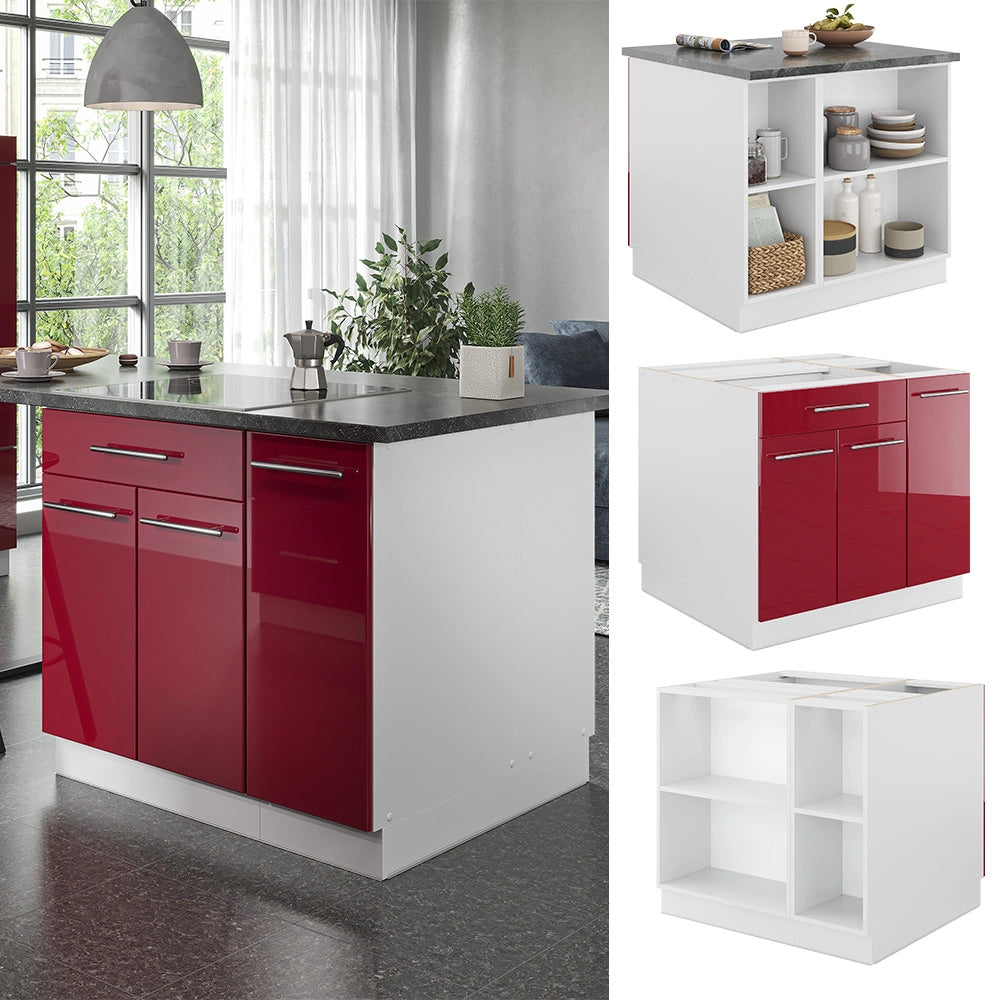 Vicco Isola cucina Bordeaux lucido/bianco 90 cm con cassetto, senza piano di lavoro