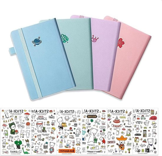Set di 4 Notatibri A7 Colorati con Sticker e Elastico, Blocchi di Note Bianchi, Quaderni di Giorno con Onguente, Mini Quaderni di Note in Pelle per Scuola e Ufficio