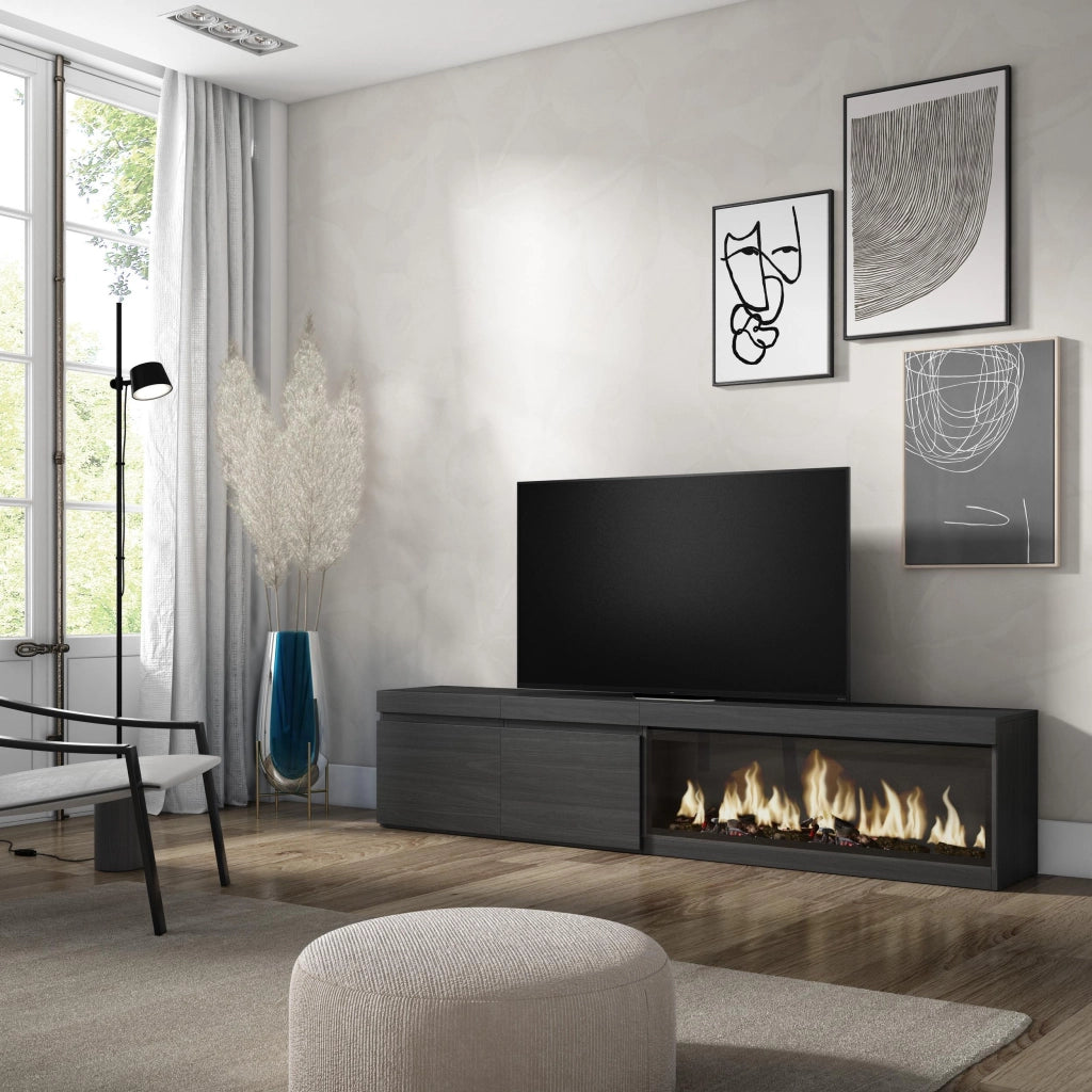 Mobile TV Soggiorno, 208x35x45cm, Per TV fino a 80", Camino elettrico XXL, Nero RF3257