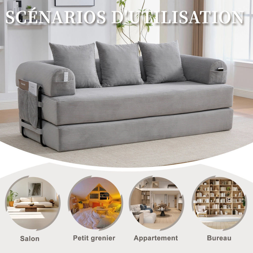 Divano modulare in velluto a coste con struttura in metallo; 3 cuscini; grigio chiaro 200 cm