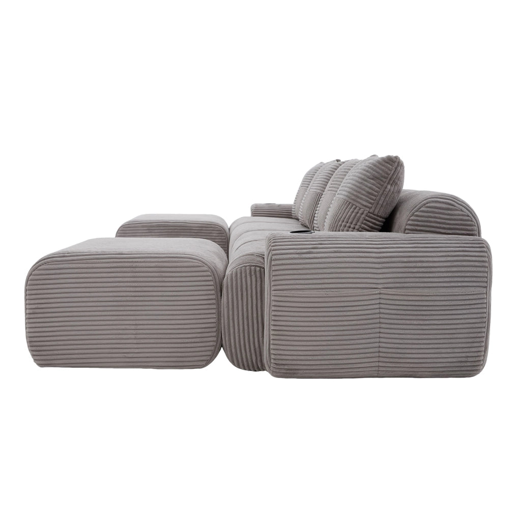 Divano modulare 4 posti in tessuto corduroy; con portabicchiere e tasca laterale; grigio chiaro
