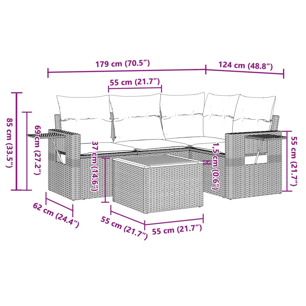Set Divani da Giardino 5 pz con Cuscini in Polyrattan Nero