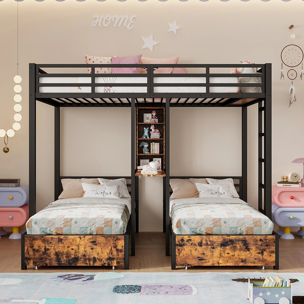 Letto a castello-Xylo-140x200+90x200 cm-3 posti, barriere, contenitori, cassetti, nero