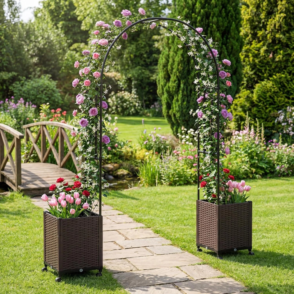 Arco per Piante Rampicanti da Giardino, Pergolato in Metallo con 2 Fioriere in PP e 4 Ruote Universali con Freni, Decorazione Esterno per Matrimonio e Festa, 203 x 40 x 230 cm