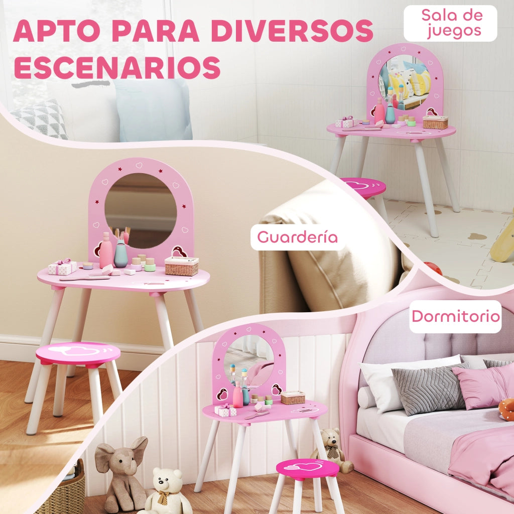 Toeletta per bambini con sgabello e specchio ¨C Xylo ¨C rosa con cuori 3-6 anni