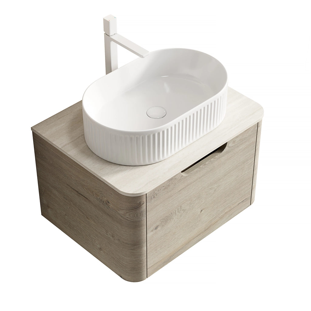 Mobile bagno sospeso con lavabo ovale e cassetto ammortizzato; piano in pietra sinterizzata; 60×46×50.2 cm