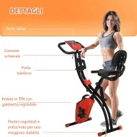 Cyclette Pieghevole 2 in 1, Resistenza Magnetica Regolabile 8 Livelli, Cyclette da Casa Silenziosa con Sensore di Frequenza Cardiaca, Elastici per Braccia, Schermo LCD, Volano 2.5kg, Rosso