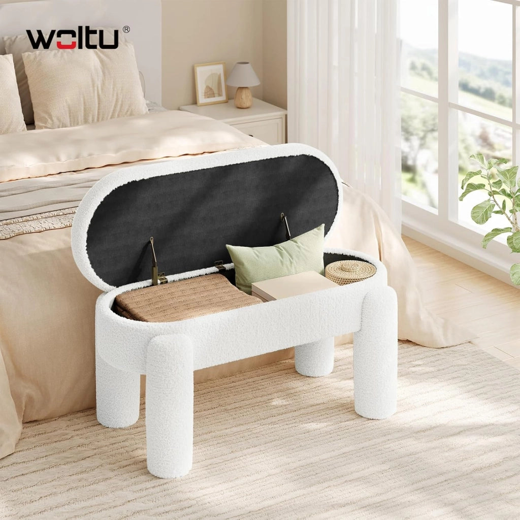 Panca Contenitore, Panca Imbottita in Tessuto Teddy, 114x47x53 cm, Poggiapiedi Divano, per Camera da Letto, Soggiorno, Ingresso, Portata 250 kg, Moderno, Bianco
