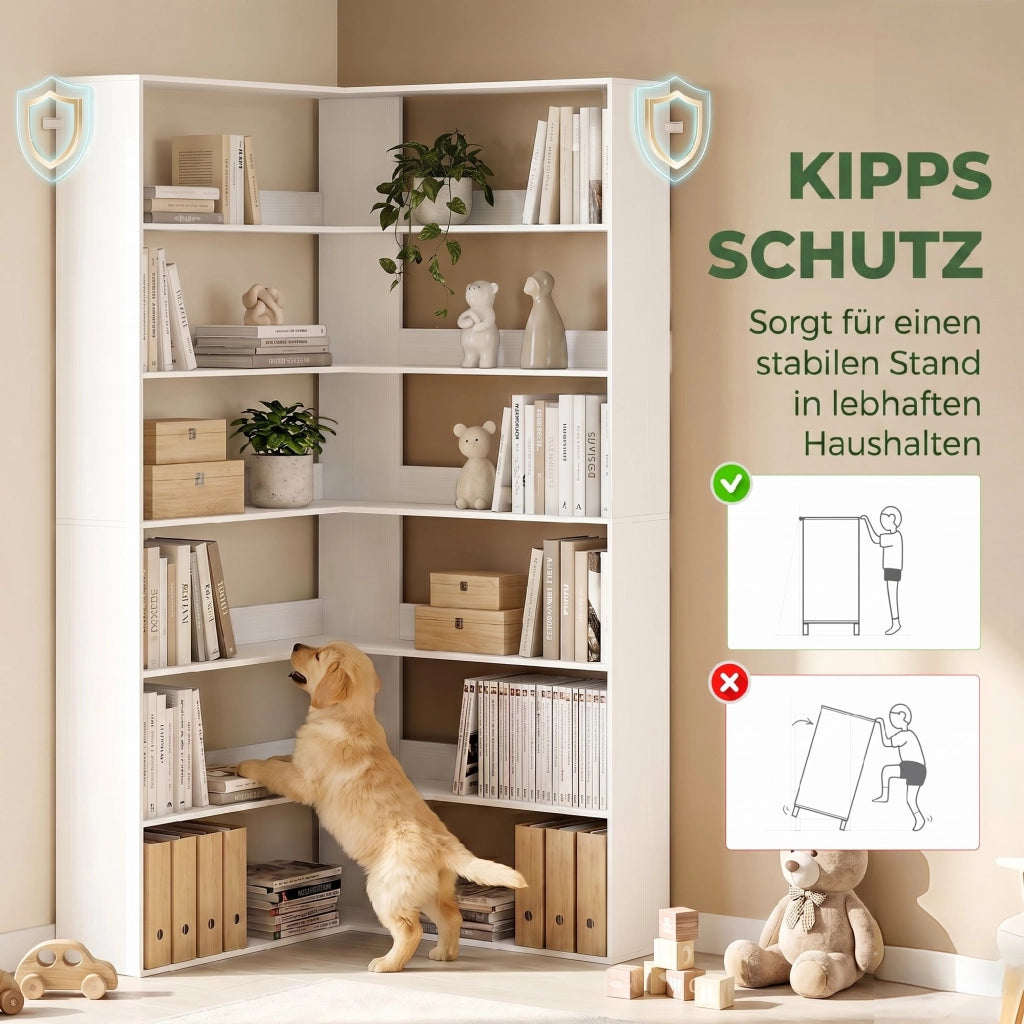 Libreria angolare a L 7 ripiani ¨C Xylo ¨C bianco effetto legno con protezione antiscivolo