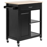 Carrello Cucina in Legno con Cassetto, Armadietto e 2 Ripiani Aperti, 2 Ruote con Freno, 83x45x88 cm, Nero