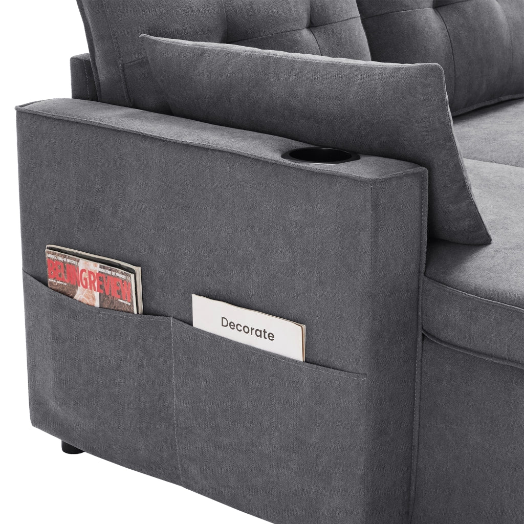 Divano letto U, trasformabile, in tessuto cotone e lino, con contenitori laterali, portabicchieri e 2 cuscini, grigio