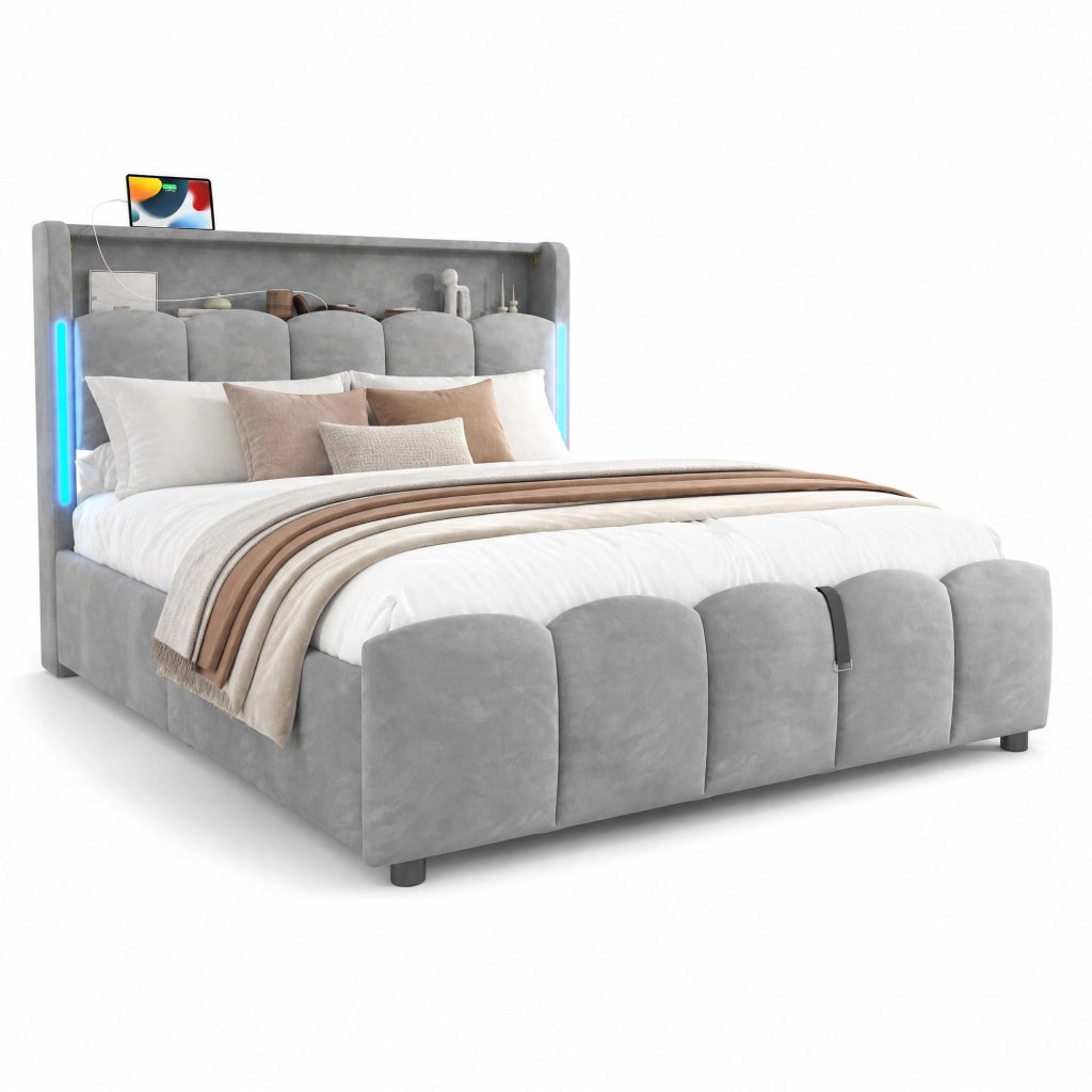 Letto matrimoniale imbottito 140x200 cm in velluto grigio con LED; contenitore e porte USB