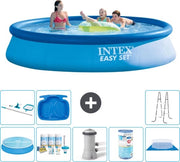 Piscina Rond Opblaasbar Easy Set - 396 x 84 cm - Blu - Inclusa Tenda Solare - Kit di Manutenzione - Pompa di Piscina - Filtro - Tenda di Fondazione - Set di Pulizia - Scala - Pedibacino