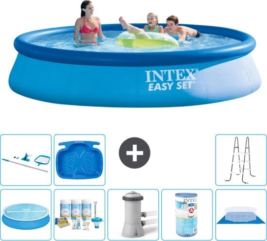 Piscina Rond Opblaasbar Easy Set - 396 x 84 cm - Blu - Inclusa Tenda Solare - Kit di Manutenzione - Pompa di Piscina - Filtro - Tenda di Fondazione - Set di Pulizia - Scala - Pedibacino
