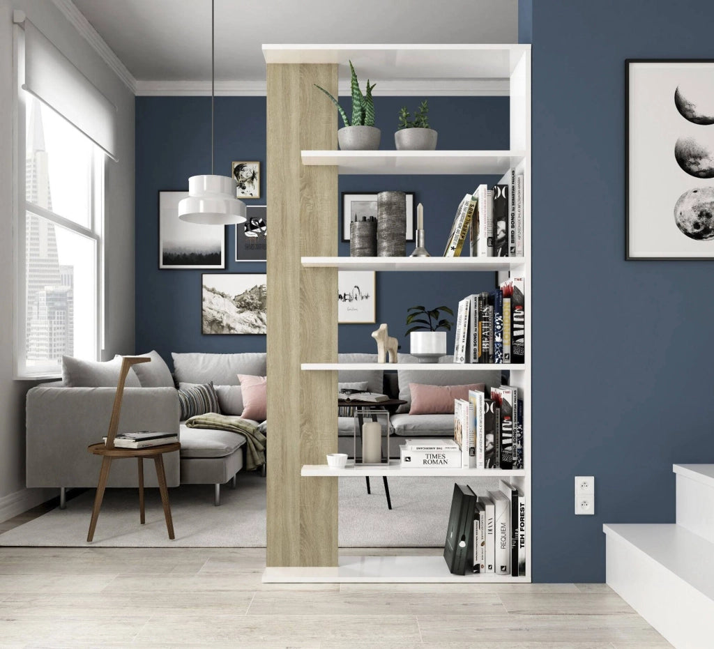 Libreria Eolo, Mobile portalibri bifacciale a 5 ripiani, Scaffale divisorio da ufficio o cameretta, cm 90x25h180, Bianco e Rovere