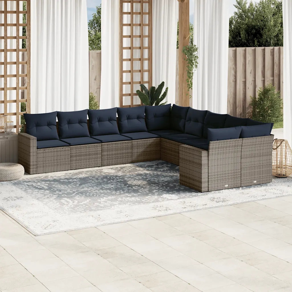 Set Divani da Giardino 10 pz con Cuscini Grigio in Polyrattan 3219501