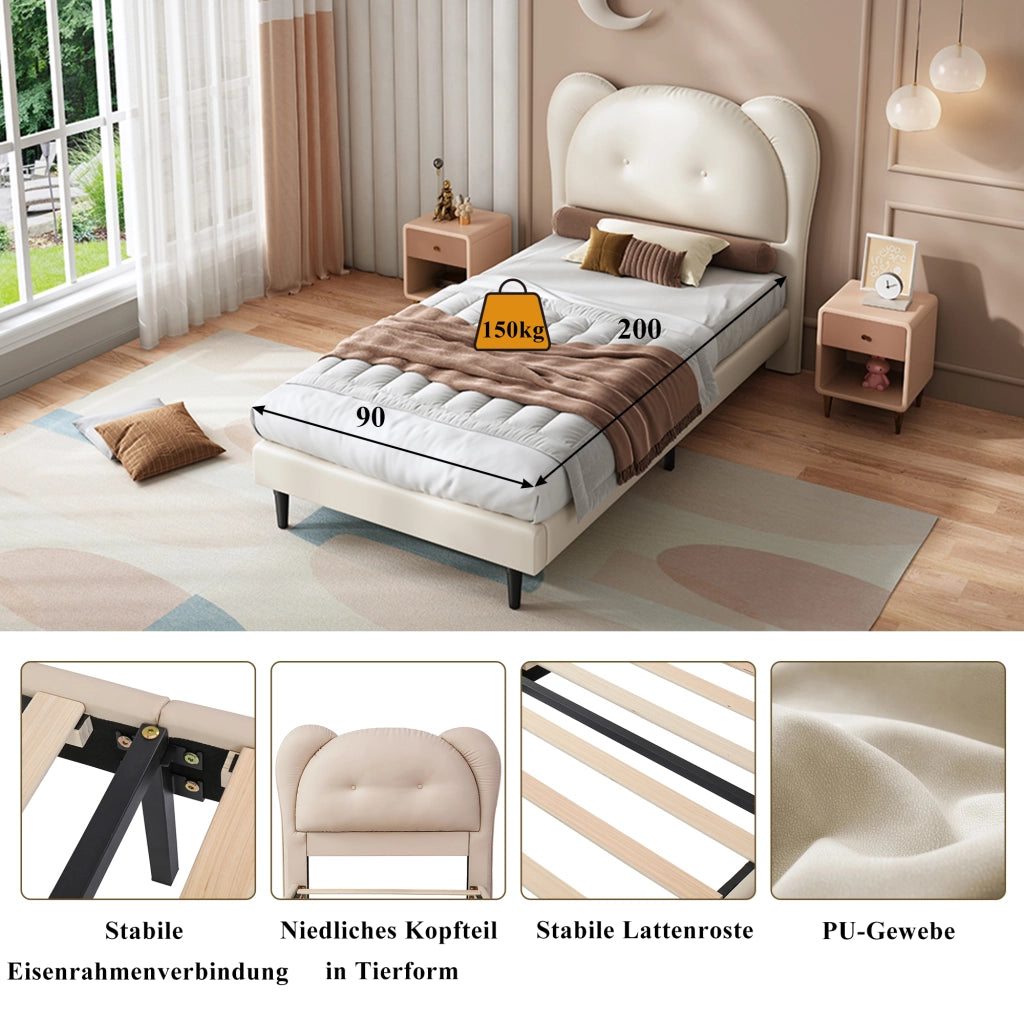 Letto singolo 90 × 200 cm con testiera a forma di animale imbottito in PU beige con rete a doghe in compensato
