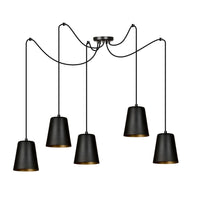 Lampadario 5 Luci Link In Acciaio Nero Cavo Lungo E Paralumi Cono Nero E Oro