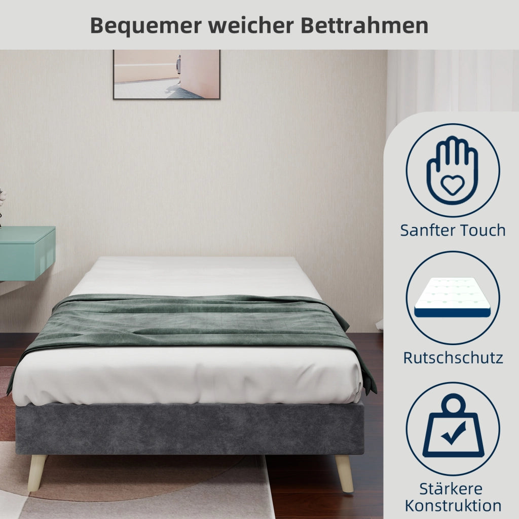 Letto Singolo 90x200 cm; Struttura in Tessuto e Metallo; Grigio; Design Moderno