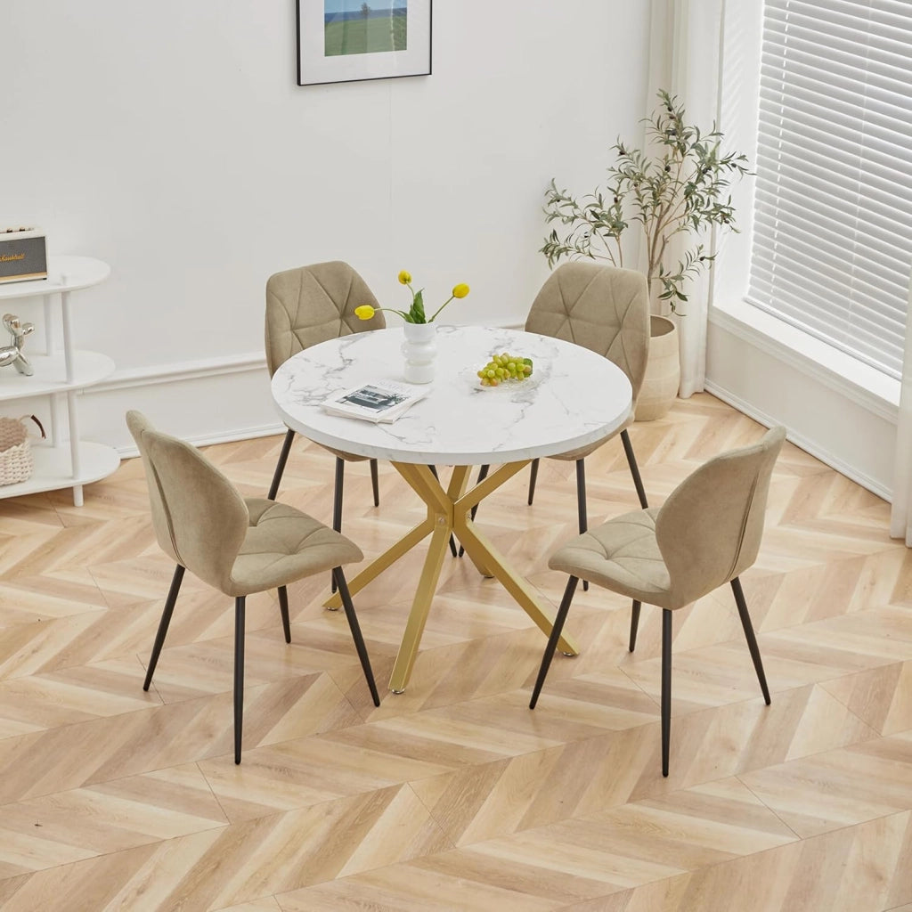 GrandCA HOME Tavolo da Pranzo Rotondo con Piano Moderno Effetto Marmo, Tavolo da Pranzo da Cucina con Quattro Gambe in Metallo, per Sala da Pranzo, Bianco+GDL