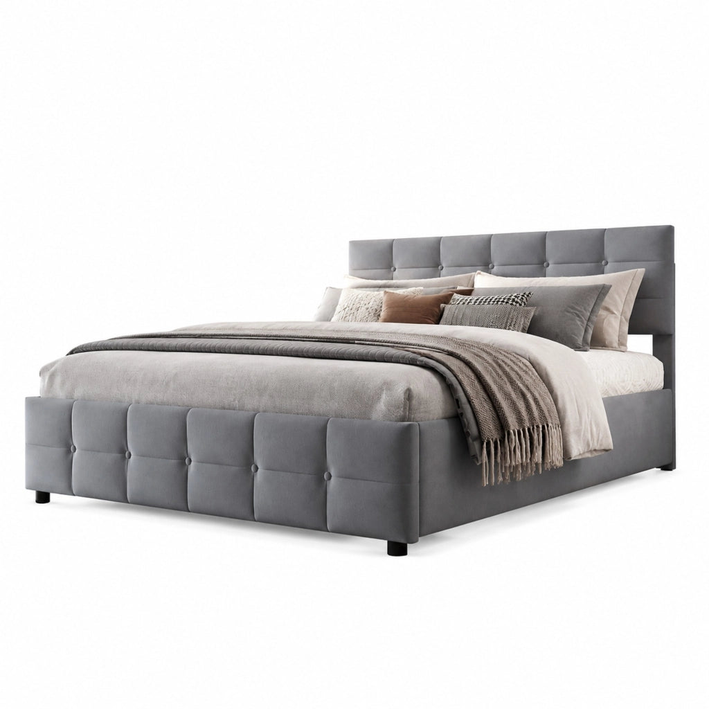 Letto imbottito modulare 180x200 cm con rete a doghe e sollevamento idraulico; velluto grigio