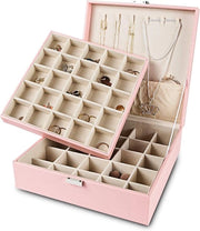Organizzatore di Orecchini - Scatola di Gioielli Classica 50 Scomparti Doppio Scomparto con 6 Ganci per Collana e Tasca per Bracciale (Rosso)