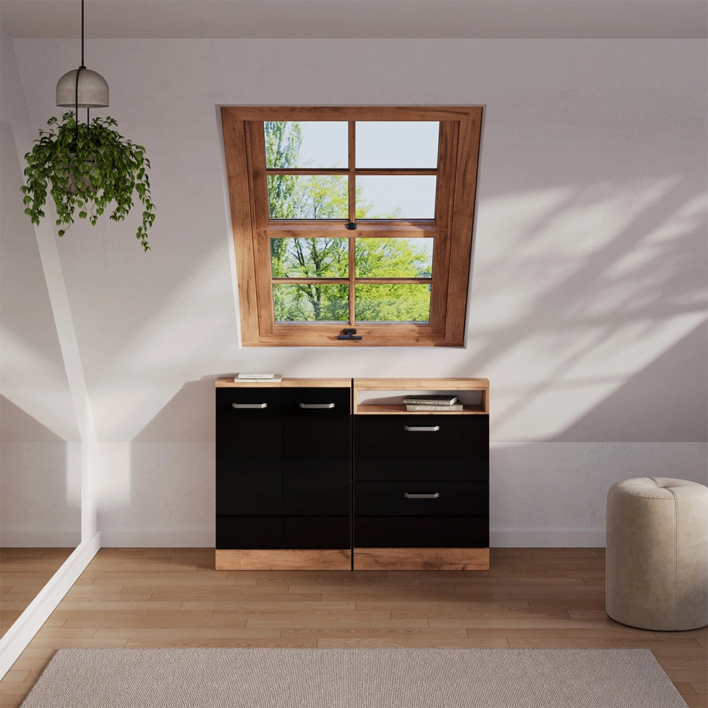 Mobile sottotetto Rion Nero lucido/Rovere dorato con 2 cassetti Vicco