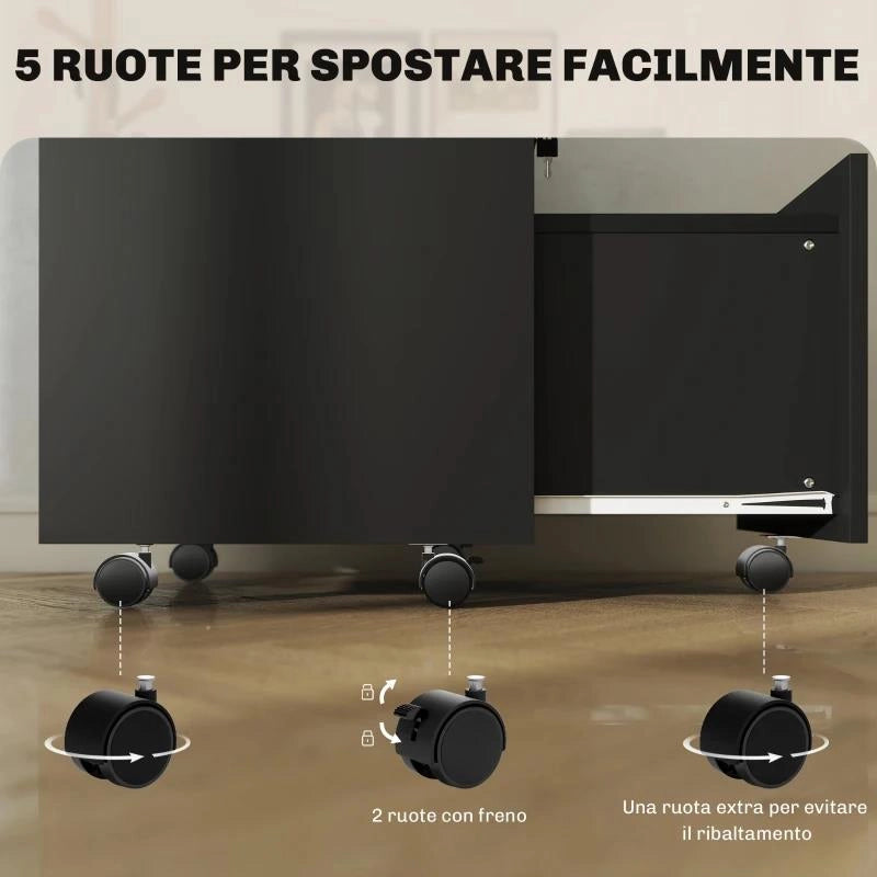 CASSETTIERA DA UFFICIO PORTADOCUMENTI IN LEGNO CON 2 CASSETTI E RIPIANO APERTO, 39X40X65 CM, NERO