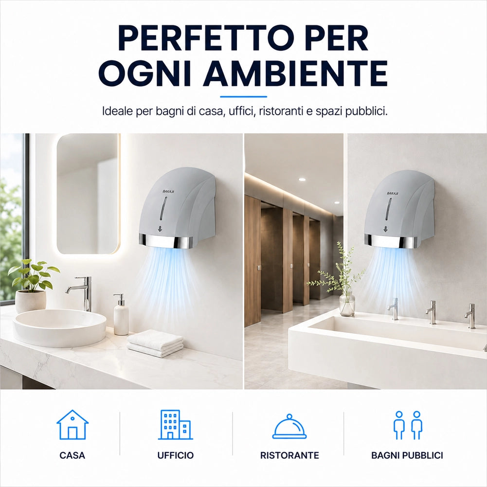 Asciugamani Elettrico Grigio da Hotel Aria Calda a Parete 2000W con Fotocellula