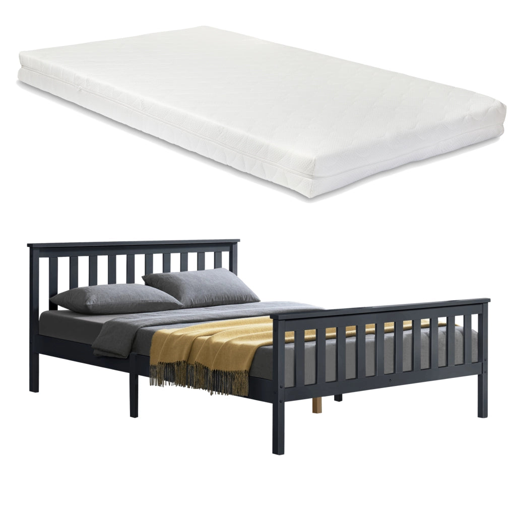 Letto Matrimoniale in Legno di Pino con Materasso Ipoallergenico 160 x 200 cm Letto con Testiera e Pediera Alte - Grigio Scuro