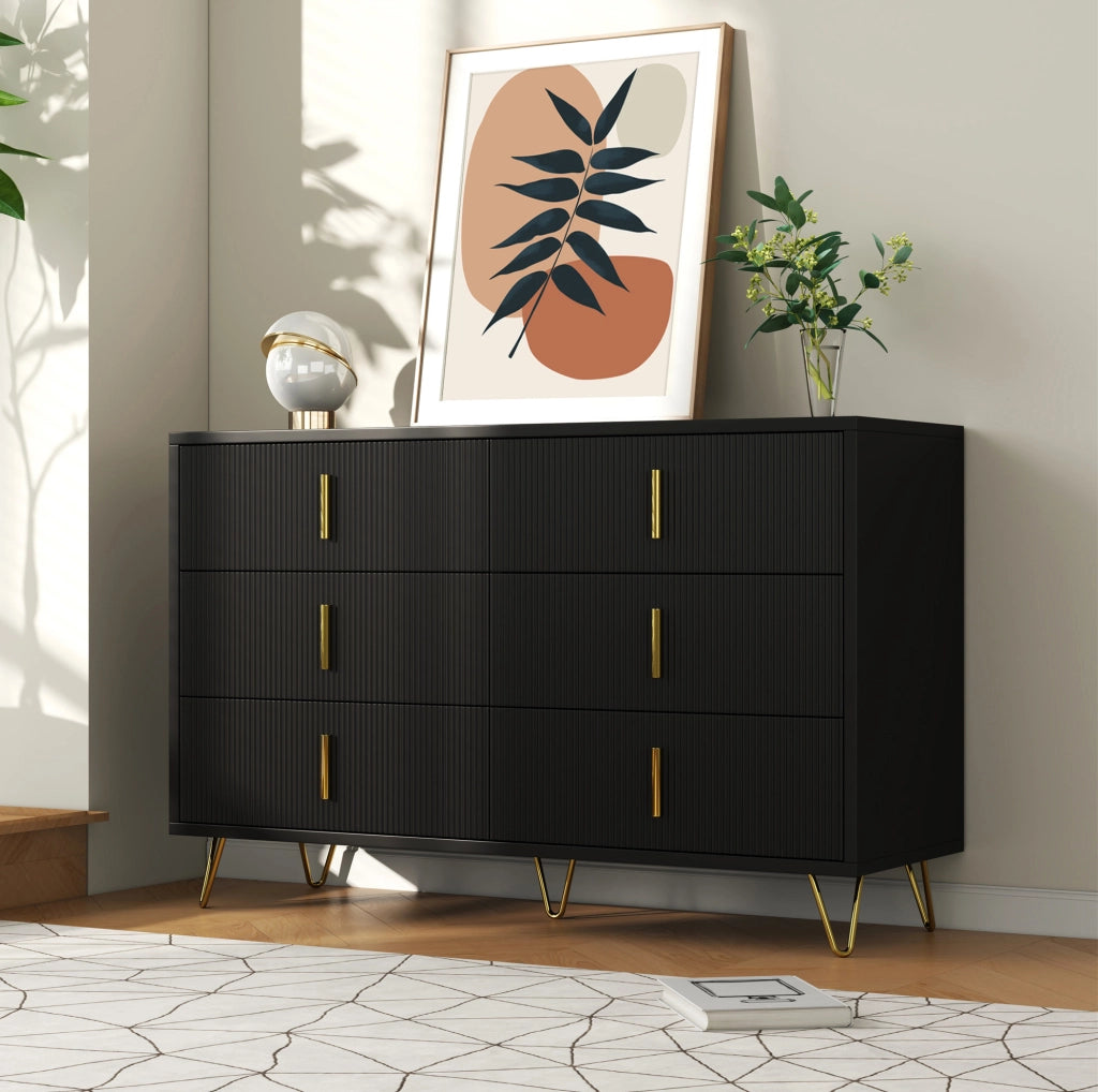 Credenza moderna a 6 cassetti 120x40x77 cm in truciolare nero e oro
