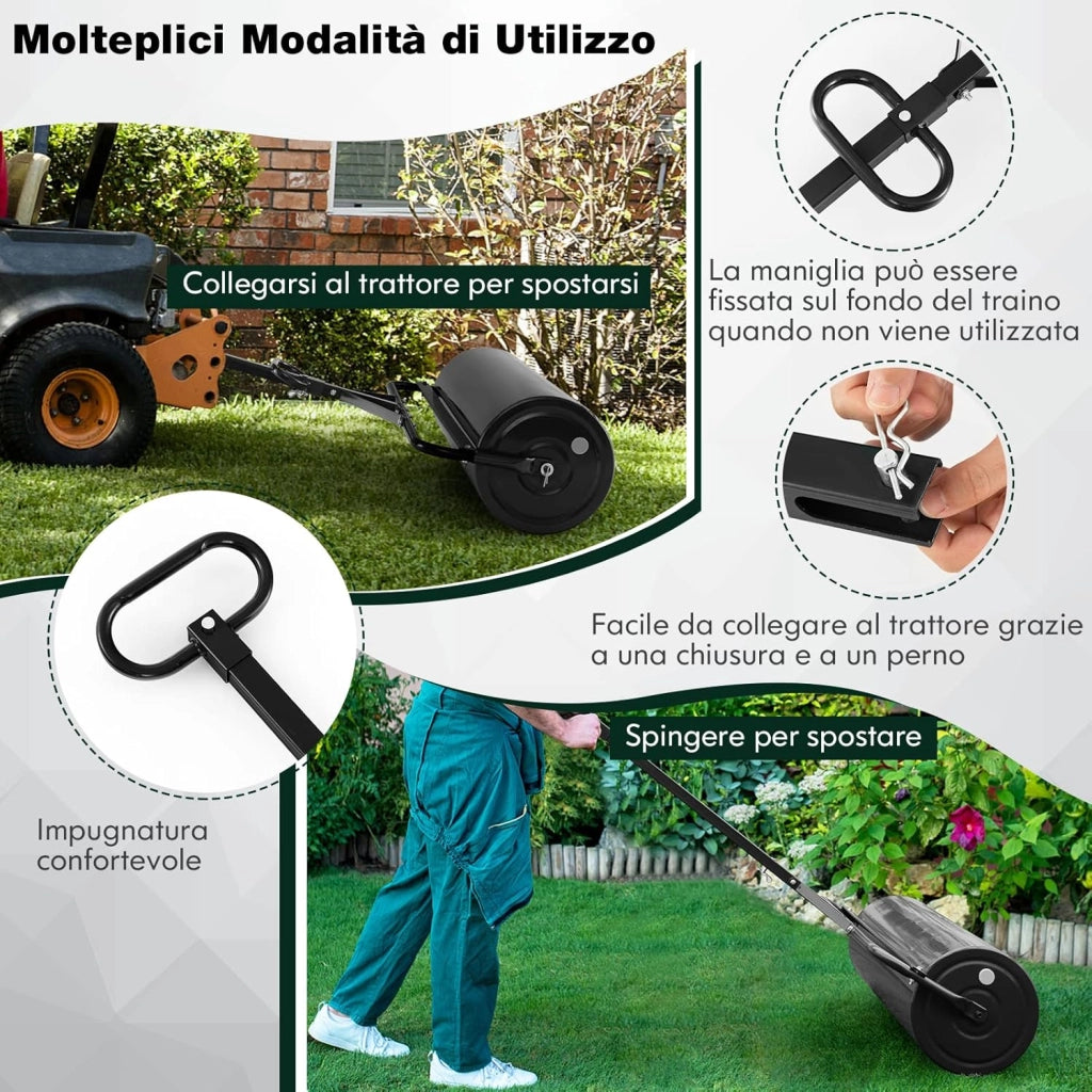 Rullo per Prato in Metallo, Rullo da Giardino Riempibile con 30 Litri di Acqua/Sabbia, con Gancio e Impugnatura Staccabile per Giardino, Prato, Parco e Fattoria (Nero)