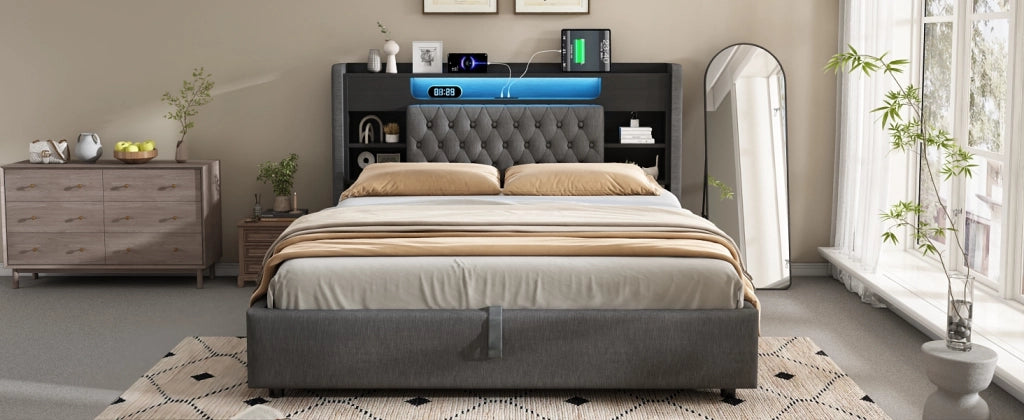 Letto contenitore 160 × 200 cm con illuminazione LED, USB e Type-C, testiera con ripiani, senza materasso, grigio