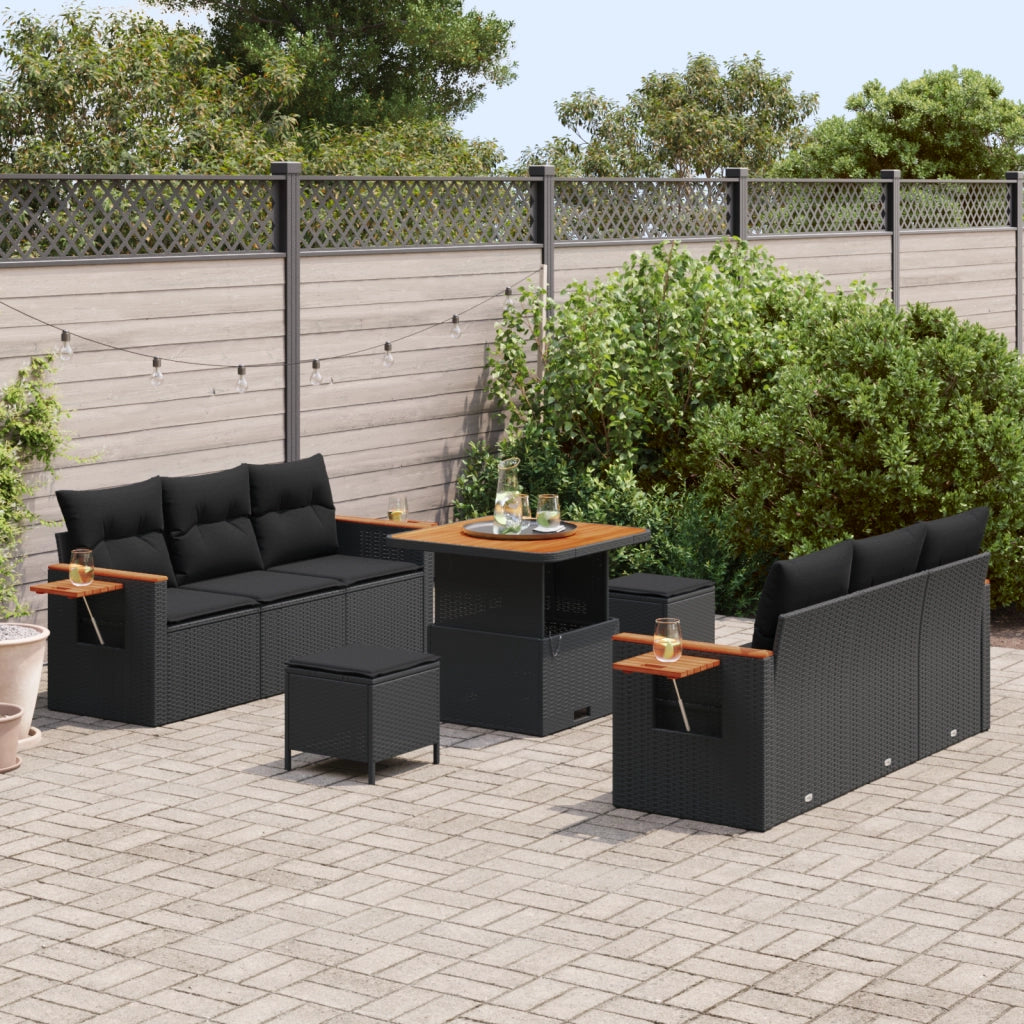 Set Divano Giardino 9 Pezzi con Cuscini Polyrattan Nero Acacia