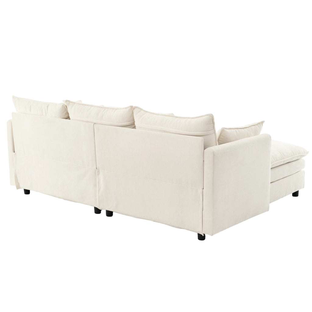 Divano angolare a 3 posti in ciniglia con chaise longue mobile, 4 cuscini e 3 schienali beige 212 × 150 × 90 cm