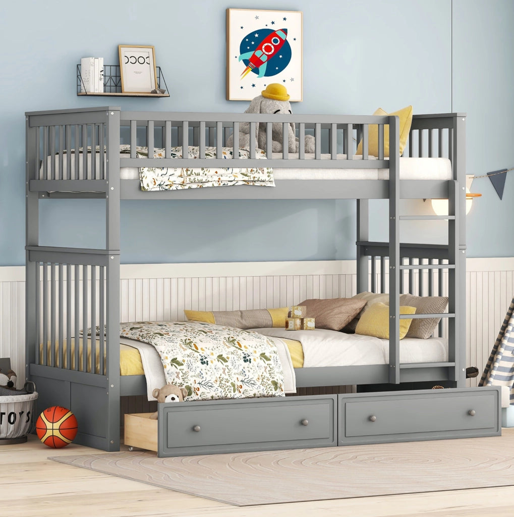 Letto a castello trasformabile 90 x 200 cm con 2 cassetti; pino; grigio